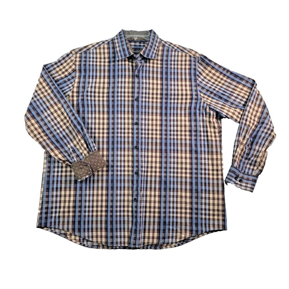 Tasso Elba Men's  Shirt 100% Cotton XL 17-17.5 Long Sleeve Plaid Flip Cuff